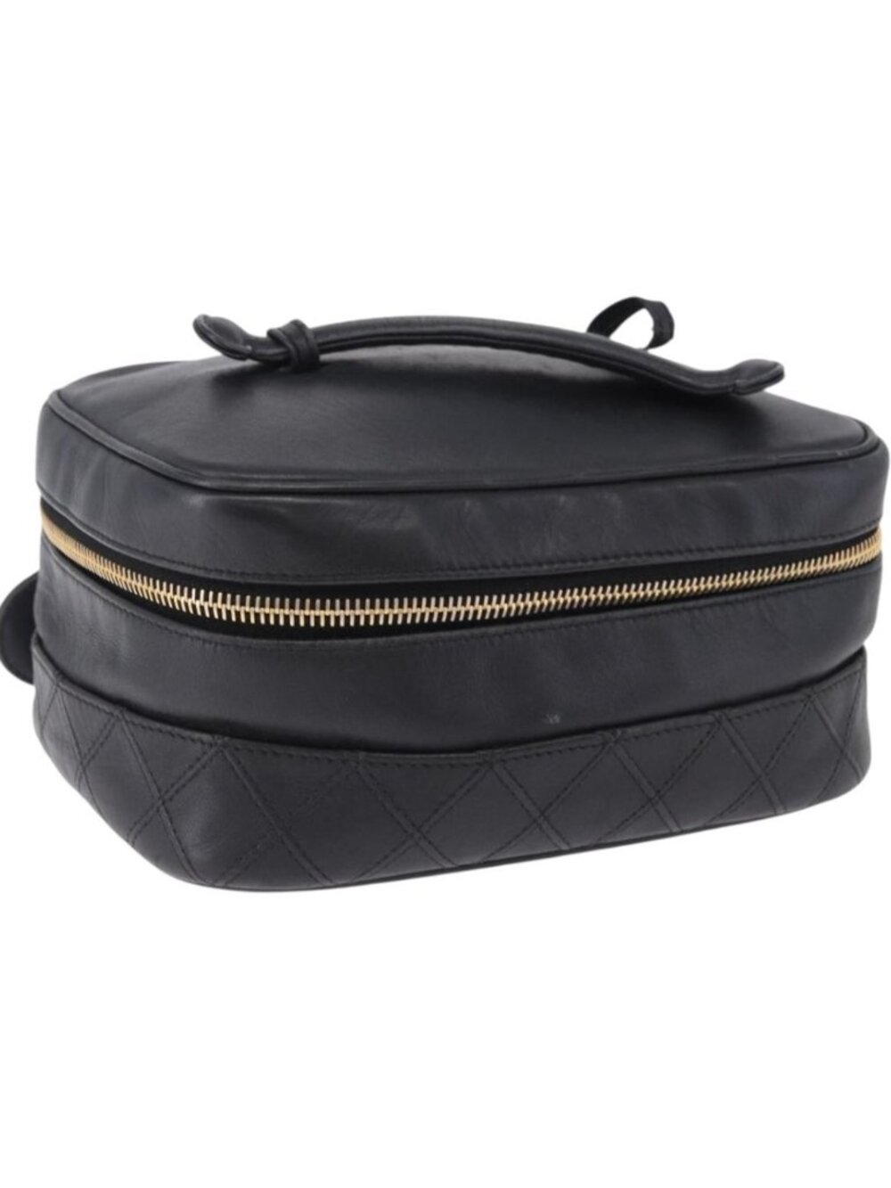 CHANEL Bicolore Cosmetic Pouch Leather Black Gold Tone CC